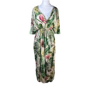 NWT World Market Tropical Resort Wear Maxi Dress Bat Wing Tie Waist Light Sz S/M